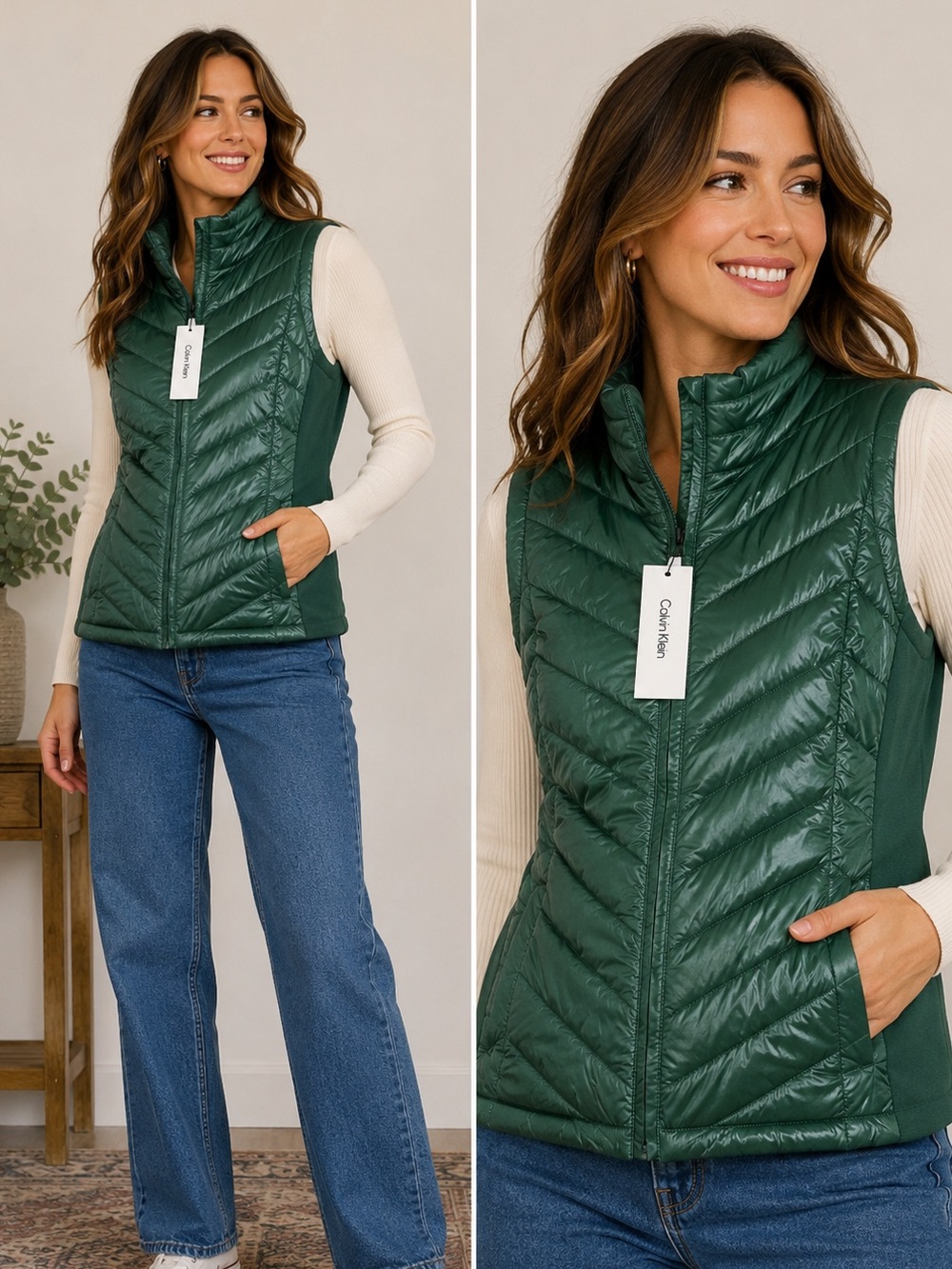 Calvin Klein Dark Green Quilted Puffer Vest Zip up Size Large New NWT
